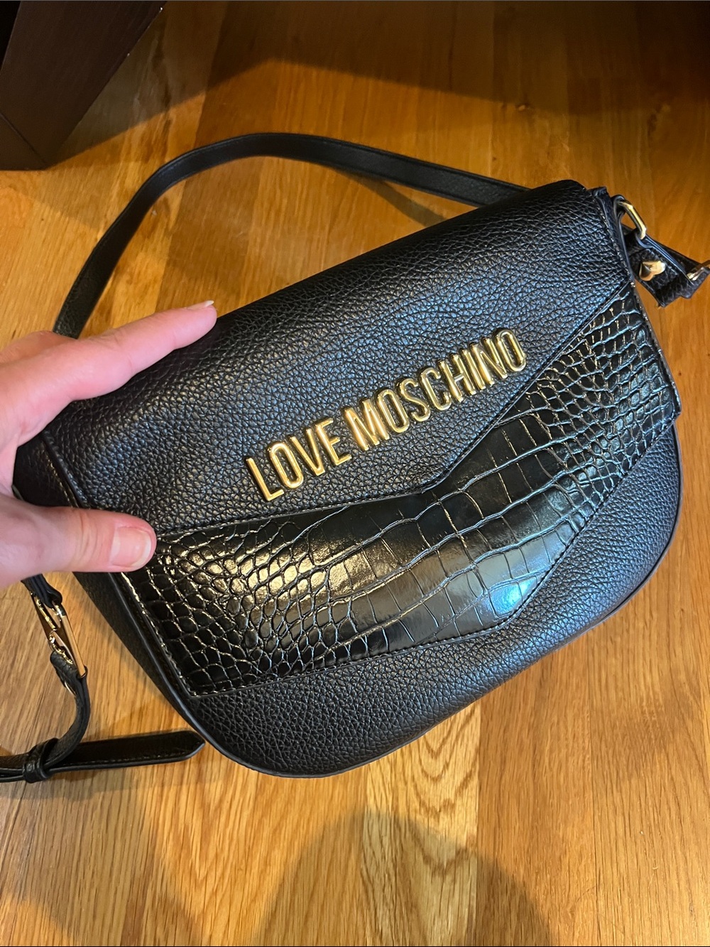 Love Moschino Black Croc-Trim Logo Crossbody Bag